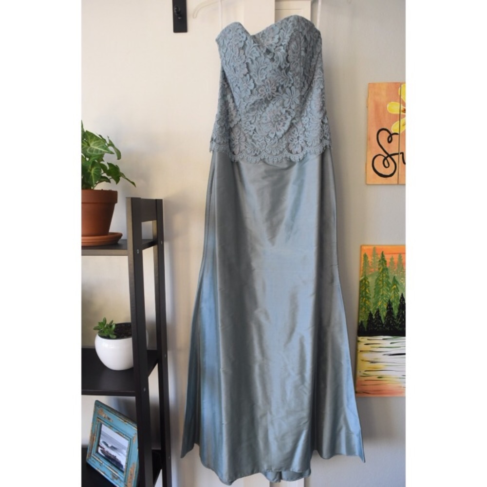 Blue Lace Strapless Gown